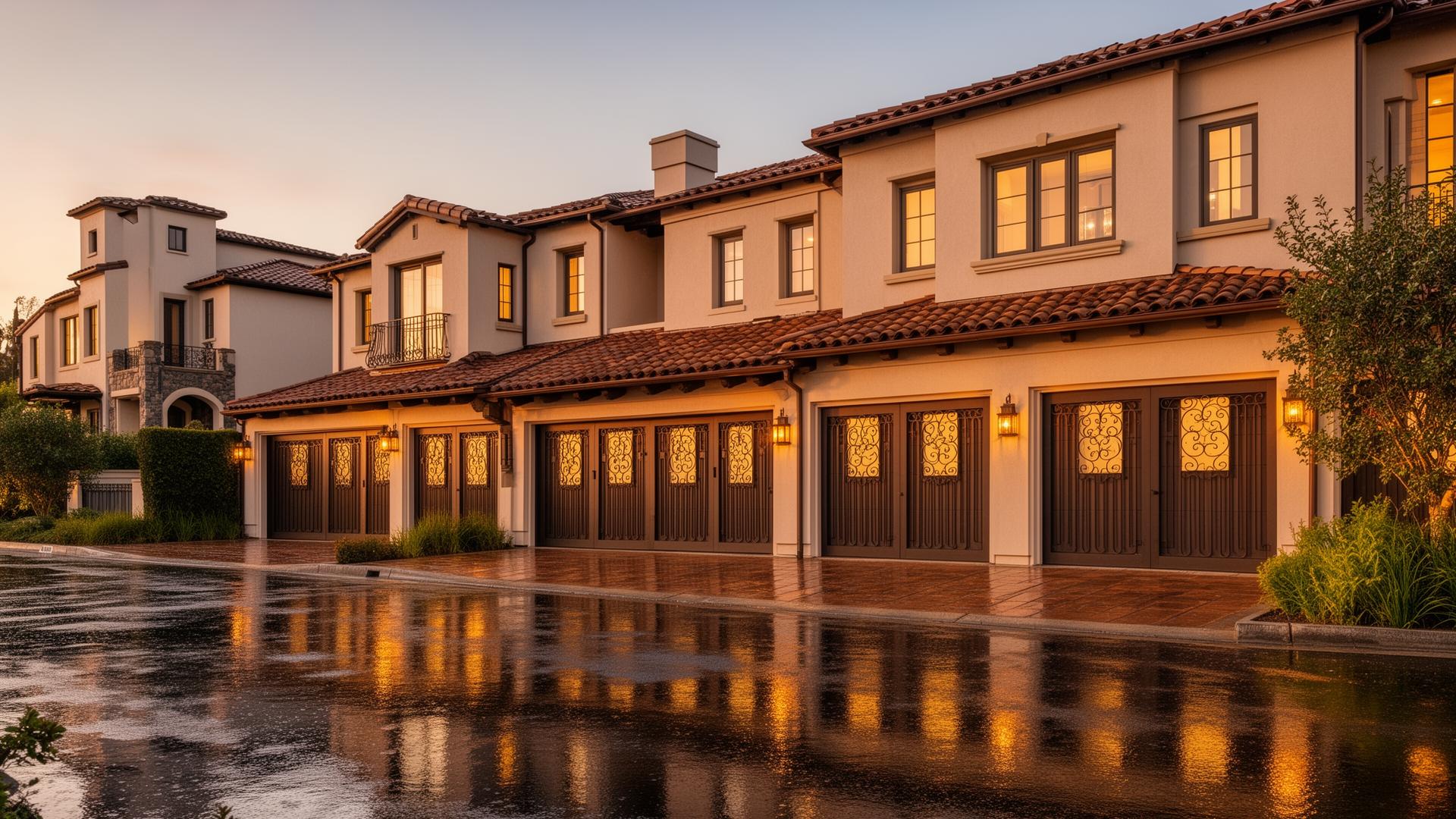 Professional Spanish colonial style garage doors with decorative iron grilles on upscale townhouse